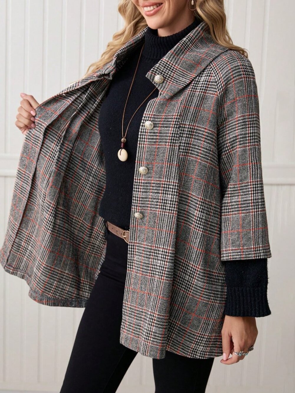 Grey Casual Women's Elegant Plaid Regular Fit Loose Hem Jacket - Picture 7 of 8